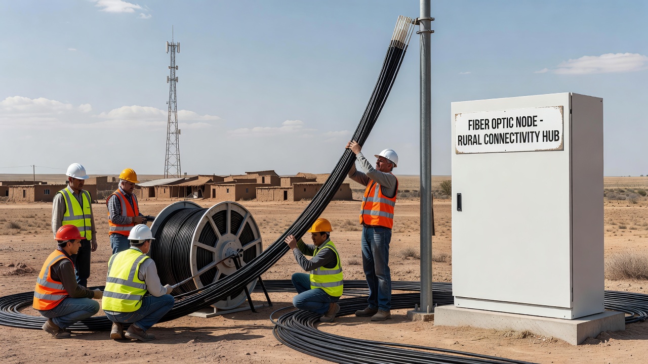 Technicians testing fiber optic connections in an underserved community center with new high-speed equipment