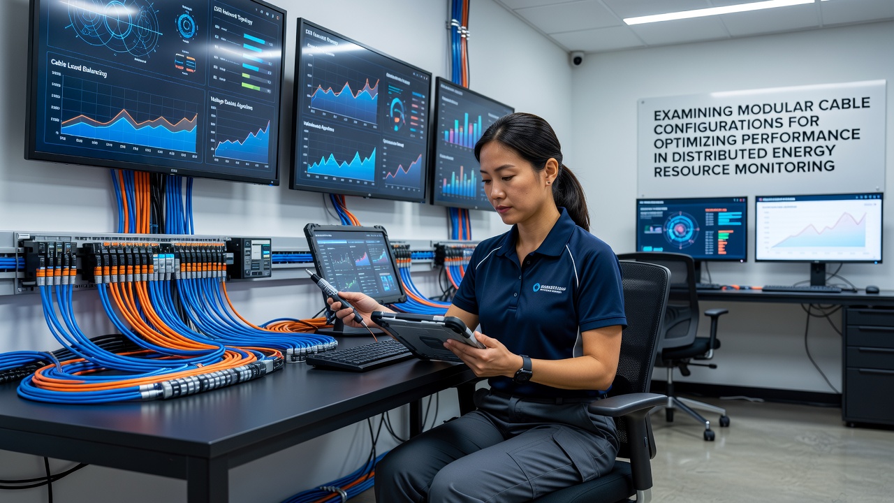 Technician testing modular cable links between battery storage units and a central DER monitoring controller